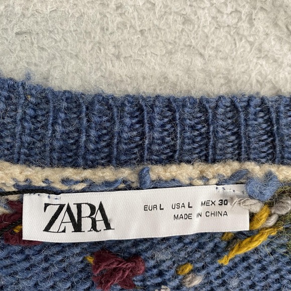 Zara Cardigan Sweater Womens Large Blue Argyle Button Front Patchwork Grandpa - Picture 6 of 15